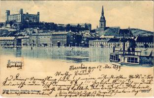 1899 (Vorläufer) Pozsony, Pressburg, Bratislava; látkép, vár, gőzhajó / general view, castle, steamship (r)