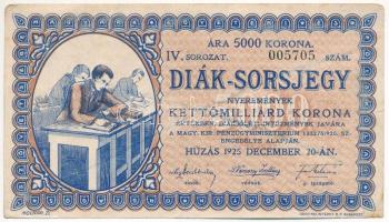 Budapest 1925. "Diák-Sorsjegy" 5000K értékben, "IV. sorozat, 005705" sorszámmal, hátoldalán áthúzással érvénytelenítve T:F fo.