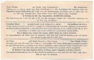 1935. "34. Magyar Királyi Osztálysorsjáték" első osztály egynyolcad sorsjegye bélyegzéssel...