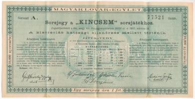 Budapest 1883. "Magyar Lovar-Egylet - Sorsjegy a 'KINCSEM' sorsjátékhoz" sorsjegy szárazpecséttel T:F fo.