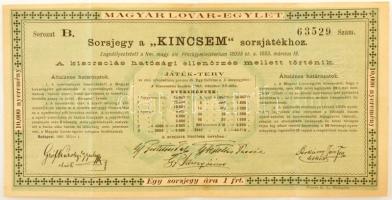 Budapest 1883. Magyar Lovar-Egylet - Sorsjegy a KINCSEM sorsjátékhoz sorsjegy szárazpecséttel T:F fo. / Hungary / Budapest 1883. Hungarian Horce Club - Lottery tocket to the KINCSEM lottery lottery ticket with embossed stamp C:F spotted