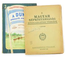 1957 A Magyar Népköztársaság közigazgatási térképe, 1 : 500.000, szélén kisebb szakadással, 115x75 cm + 1958 Vízisporttérkép - A Duna Budapesttől Sztálinvárosig, kétoldalas, 112,5x40 cm