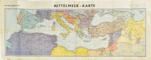 1943 Metzer Karten - Der Mittelmeer Raum / A Földközi-tenger térsége és a környező országok térképe. Melz, Metzer Verlagsanstalt GmbH. Kisebb szakadásokkal, foltokkal, 98x39,5 cm