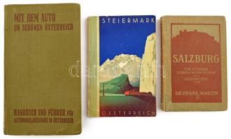 3 db osztrák útikönyv: Dr. Franz Martin: Salzburg. Ein Führer durch seine Geschichte und Kunst. Wien, 1923, Österr. Verlagsgesellschaft Ed. Hölzel & Co. Fekete-fehér képekkel, egy kihajtható térképpel. Kiadói egészvászon-kötés, kissé sérült gerinccel, néhány kissé foltos lappal. + Mit dem Auto im schönen Oesterreich. Ein Reiseführer und Handbuch für Automobilisten [...] Linz a. D., 1928, F. J. Ebenhöchsche Buchhandlung. Fekete-fehér képekkel, térképekkel. Kiadói egészvászon-kötés, kissé sérült gerinccel. + 1934 Sommerführer durch die Sommerfrischen, Bäder und Kurorte in Steiermark. Kiadói papírkötés, kisebb ázásnyomokkal.
