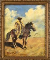 Mónus Sándor (1909-1996): Csikós. Olaj, karton, jelzett, üvegezett fakeretben, hátoldalán Wolf László hódmezővásárhelyi üvegező címkéjével. 35x25 cm