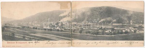1902 Korompa, Krompach, Krompachy (Szepes); Vasgyár. 2-részes kinyitható panorámalap (hiányos), Balkányi S. kiadása / ironworks, factory - 2-tiled folding panoramacard (b)