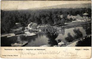 1899 (Vorläufer) Pöstyén, Piestany; Park részlet a Vág partján, komp. A. Bernas kiadása / Überfuhr und Badehäuser / spa, park, Váh riverside, ferry (b)