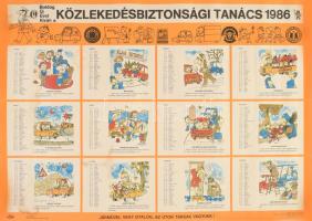 1986 Közlekedésbiztonsági Tanács naptár-plakát, feltekerve, foltokkal, 66x47 cm