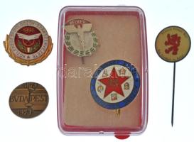5db klf magyar és külföldi zománcozott és műgyantás fém jelvény, közte ~1980. "Közlekedési Dolgozók Szakszervezete" zománcozott fém jelvény (25mm) + "Belkereskedelem" 10 éves törzsgárda jelvény T:AU,XF