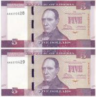 Libéria 2016. 5D (2x) sorszámkövetők "AA 9370428 - AA 9370429" T:UNC  Liberia 2016. 5 Dollars (2x) consecutive serials "AA 9370428 - AA 9370429" C:UNC  Krause P#31a