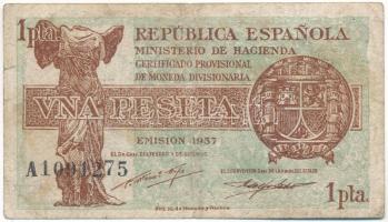 Spanyolország 1937. 1P T:VG kis szakadás, folt Spain 1937. 1 Peseta C:VG small tear, spot Krause P#94