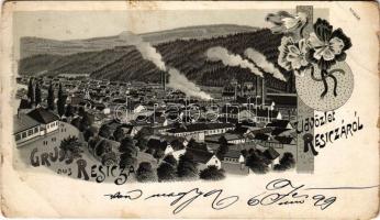1899 (Vorläufer) Resicabánya, Resica, Resicza, Resita; látkép, vasgyár. Adolf Weiss kiadása / general view, ironworks, iron factory. Art Nouveau, floral, litho (EB)