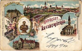 1899 (Vorläufer!) Kecskemét, színház, nagytemplom, Katona József szobor, új városháza, puttók. Steiner Mihály kiadása, Art Nouveau, floral, litho (b)