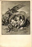 Húsvéti üdvözlet. Kiadja a M. Kir. Honvéd Haditudósító Osztály Parancsnoksága. Tábori Postai Levelezőlap / WWII Hungarian military field postcard, Easter greeting s: Markó Lajos (EB)