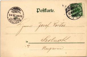 1898 (Vorläufer) Legnica, Liegnitz; Nepomuk-Brücke / bridge, tram, pharmacy (EK)