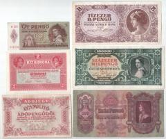 1917. 2K zöld "DEUTSCHÖSTERREICH" felülbélyegzéssel + 1930. 100P csillagos sorszám + 1939. 5P + 1946. 100.000MP + 10.000BP + 1.000.000AP nem vízjeles papíron, sorszám nélkül T:F közte egy VF