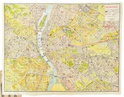 1935 Budapest útmutatója és térképe. Bp., 1935, Aczél Testvérek kiadása, 35+(2) p. + 1 t. (kihajtható, 70x55 cm). Kiadói tűzött papírkötés, sérült, javított, lejáró borítóval.