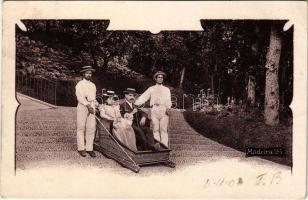 1903 Madeira, Funchal, family portrait at the park, wooden sled