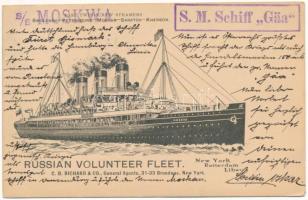 1909 SS Moskva Russian Volunteer Fleet orosz hajó turisztikai reklámlapja, 1909-ben eladták az osztrák-magyar haditengerészetnek majd SMS Gäa néven anyahajó lett - Pola-ból Graz-ba küldték, de Marburgba továbbították, a levél írója az Osztrák Bizottság tagja és feladata, hogy az újonnan vásárolt hajót Pola-ba vigye hogy átalakítsák, a feladó leírja a kalandos út részleteit a Kattegat-on keresztül Cadiz, Gibraltar, és Messina partjainál / K.u.K. Kriegsmarine SMS Gäa (ex SS Moskva) - Letter sent from Pola to Graz but forwarded to Marburg, written by a member of the Austrian commission charged with taking the recently purchased S.S. Moskva to Pola to be refitted as the auxiliary vessel SMS Gäa. The sender describes the voyage through the Kattegat, south to Cadiz, Gibraltar, and Messina, and home to Pola + "s/s MOSKWA" + "S.M. Schiff "Gäa"