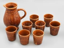 Sarreguemines boros készlet, kiöntő + 8 pohár, mázas fehércserép, jelzéssel, hibátlan, m: 8 cm, 19 cm