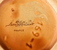 Sarreguemines boros készlet, kiöntő + 8 pohár, mázas fehércserép, jelzéssel, hibátlan, m: 8 cm, 19 c...