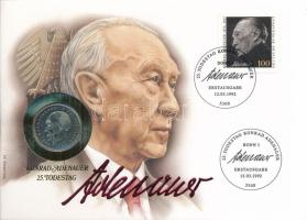 NSZK 1981J 2M Cu-Ni "Konrad Adenauer" felbélyegzett borítékon, alkalmi bélyegzéssel, német nyelvű tájékoztatóval T:UNC patina FRG 1981J 2 Mark Cu-Ni "Konrad Adenauer" in envelope with stamp, cancellation and a prospectus in german C:UNC patina