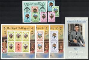 Prince Charles and Princess Diana's wedding set + overprint set + block + minisheet set + stamp booklet, Károly herceg és Diana esküvője sor + felülnyomott sor + blokk + kisívsor + bélyegfüzet