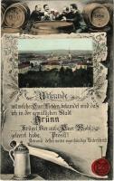 Brno, Brünn; general view, men drinking beer, beer mug, barrel. Art Nouveau montage