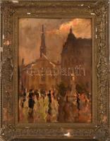 Vitéz Darvassy István (1888-1960): Ferenciek terei forgatag, Budapest, 1920-as évek. Olaj, falemez, jelezve jobbra lent. Dekoratív, sérült fakeretben. 38,5x28 cm / oil on wood, signed, framed