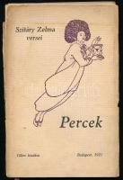 Szitáry Zelma: Percek. - - versei. Bp., 1921, Táltos,(Fővárosi-ny.),46+1 p. "A borítékot díszítő Aubrey Beardsley rajzol John Lane megjelent "The Pierrot of the Minute" és Balzac's "La Comédie Humaine" művekből valók." Kiadói papírkötés, a borító leszakadt, a gerinc hiányzik, a borító foltos, széteső állapotban.  Számozott (219./500), a szerző által aláírt példány.