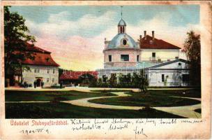 1904 Stubnyafürdő, Túróchévíz, Stubnianske Teplice, Turcianske Teplice; Gyógyterem, Zöld tükör fürdő, étterem és kávéház / spa, bath, restaurant and café (EK)