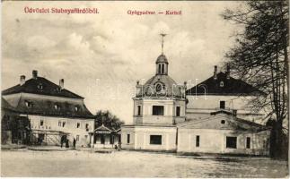 Stubnyafürdő, Túróchévíz, Stubnianske Teplice, Turcianske Teplice; Gyógyudvar, kávéház és étterem. Hegedüs I. fényképész kiadása / Kurhof / spa, bath, café and restaurant (EK)