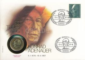 NSZK 1986D 2M "Konrad Adenauer" aranyozott Cu-Ni érmés borítékban bélyeggel, bélyegzéssel, német leírással T:UNC FRG 1986D 2 Mark "Konrad Adenauer" gilded Cu-Ni in coin envelope with stamps and cancellations, with german description C:UNC