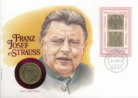 NSZK 1990D 2M aranyozott Cu-Ni "Franz Josef Strauss" érmés borítékon bélyegzős bélyeggel, német nyelvű leírással T:UNC patina FRG 1990D 2 Mark gilt Cu-Ni "Franz Josef Strauss" in envelope with stamp, cancellation and a description in German C:UNC patina