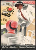 cca 1930 Peters Union Rundschau VII. Jahrgang Nr. 45, német nyelvű autós folyóirat, fekete-fehér képekkel, a címlapon Otto Arpke (1886-1943) art deco grafikájával. Tűzött papírkötés, a borító kissé sérült, középen hajtott, 16 p.