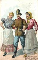 Soldier and ladies in folkwear litho