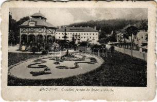 Bártfa-fürdő, Bardejovské Kúpele, Bardiov; Erzsébet királyné (Sisi) forrás és Deák szálloda. Neumann Viktor kiadása / spa, hotel, spring source (EK)