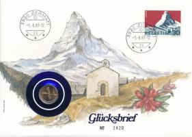 Svájc 1982. 1r bronz "Glücksbrief" érmés borítékban, bélyeggel és bélyegzéssel T:UNC Switzerland 1982. 1 Rappen bronze in "Glücksbrief" envelope with stamp and cancellaltion C:UNC