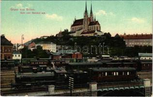 Brno, Brünn; Dom vom Bahnhof aus / railway station, locomotive, train, cathedral (worn corners)