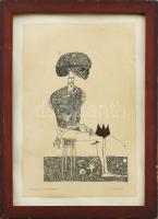 Olajos György (1953-): Varázsló, 1977. Tus, papír, jelzett. Lap jobb felső sarkában kisebb törésnyommal. Üvegezett fa keretben, 12,5×27,5 cm. Korai munka az életműből, gyűjtői darab!