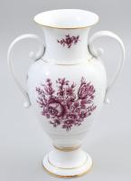 Hollóházi lila virágmintás kétfüles váza, jelzéssel, hibátlan, m: 29 cm