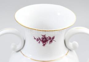 Hollóházi lila virágmintás kétfüles váza, jelzéssel, hibátlan, m: 29 cm