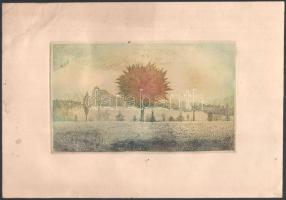 Olajos György (1953-): Színes táj (cím nélkül), 1978. Rézkarc, papír, jelzett a karcon. Lap bal felső sarkában kisebb törésnyommal, lap széle kissé foltos, 12,5×20 cm. Korai munka az életműből, gyűjtői darab!