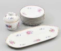 Hollóházi Hajnalka mintás szendvicses / süteményes készlet + plasztikus mintával díszített bonbonier, jelzéssel, szép állapotban