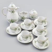 Hollóházi zöld virágmintás mokkás készlet, teljes, jelzéssel, fedő virágán minimális kopottsággal, szép állapotban