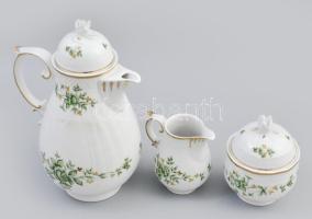 Hollóházi zöld virágmintás mokkás készlet, teljes, jelzéssel, fedő virágán minimális kopottsággal, s...