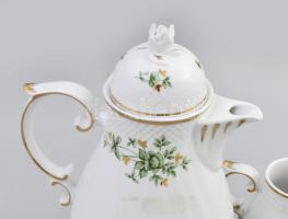 Hollóházi zöld virágmintás mokkás készlet, teljes, jelzéssel, fedő virágán minimális kopottsággal, s...