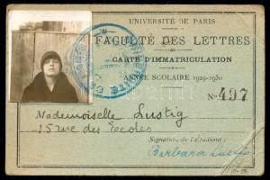 1929-1930 Université de Paris, Carte d'Immatriculation / Párizsi Egyetem, fényképes hallgatói igazolvány
