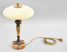 Antik asztali lámpa, ónix, bronz, üveg, új vezetékkel, szép állapotban, m: 38 cm