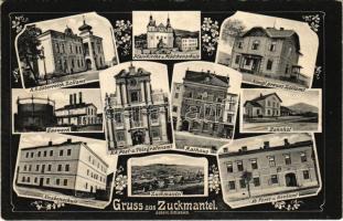 Zlaté Hory, Zuckmantel; Gaswerk, K. k. Österreich Zollamt, Knabenschule, K. K. Post-u Telegrafenamt, Rathaus, Bahnhof, Königl. preuss Zollamt, Ab. Forst-u Rentamt / multi-view postcard, gasworks, customs office, boys' school, KK post and telegraph office, town hall, railway station. Art Nouveau, floral